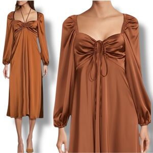 NWT Antonio Melani Bella Satin Halter Neck Long Sleeve Midi Dress Amber 12